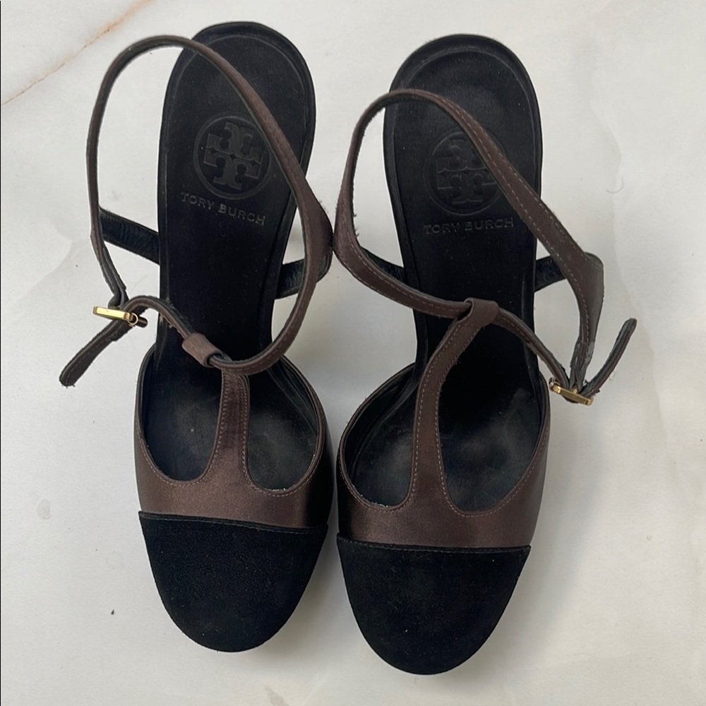 Tory Burch black elegant Sandals with Ankle Strap satin Brown and black suede